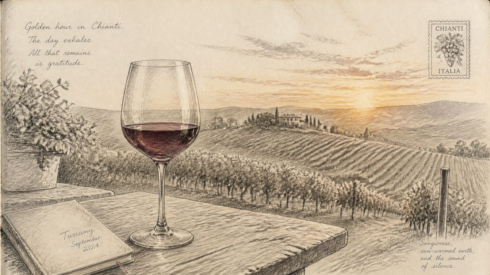 Wine glass at golden hour vineyard pencil sketch