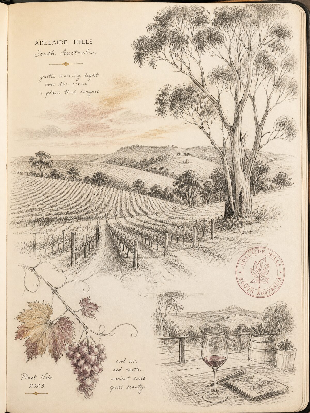 Adelaide Hills vineyard pencil sketch