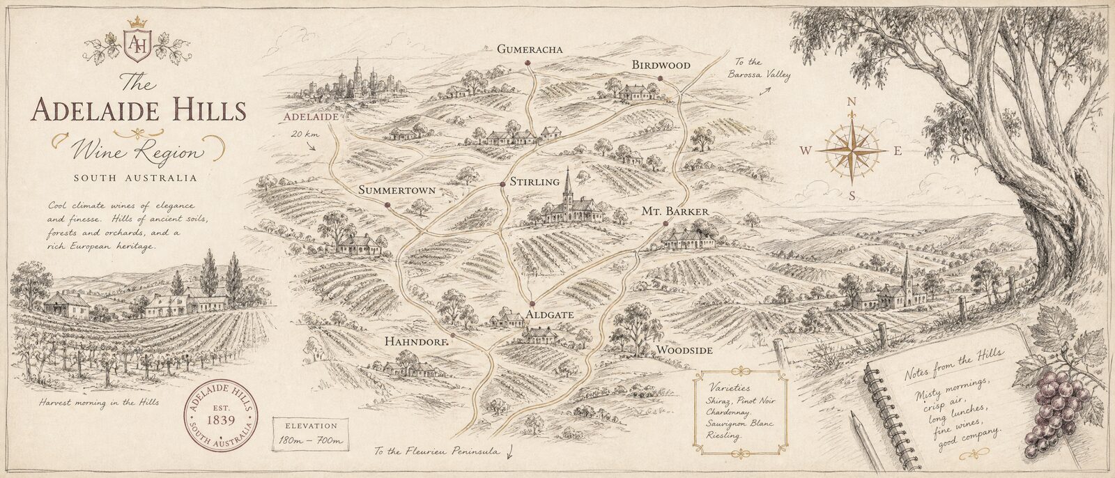 Adelaide Hills map pencil sketch