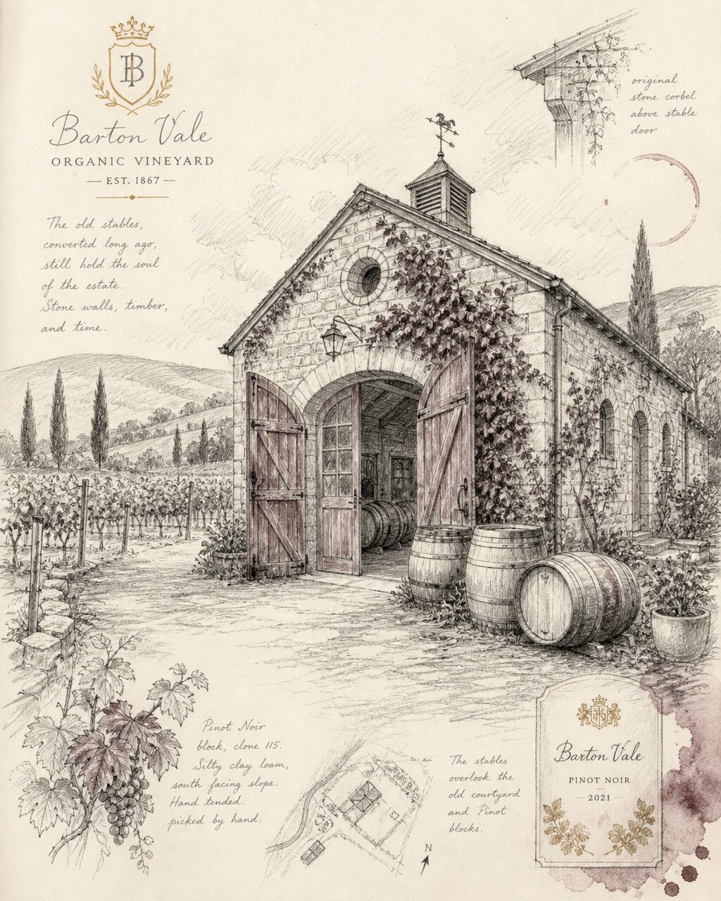 CRFT Wines converted stables pencil sketch